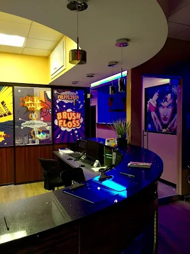 Reception desk with comic-book theme